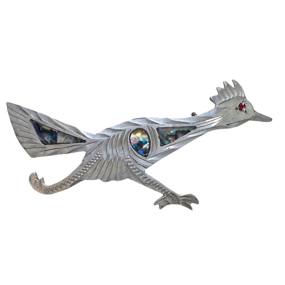 Sterling Silver Roadrunner Brooch With Abalone Inlay & Red Gemstone Eye